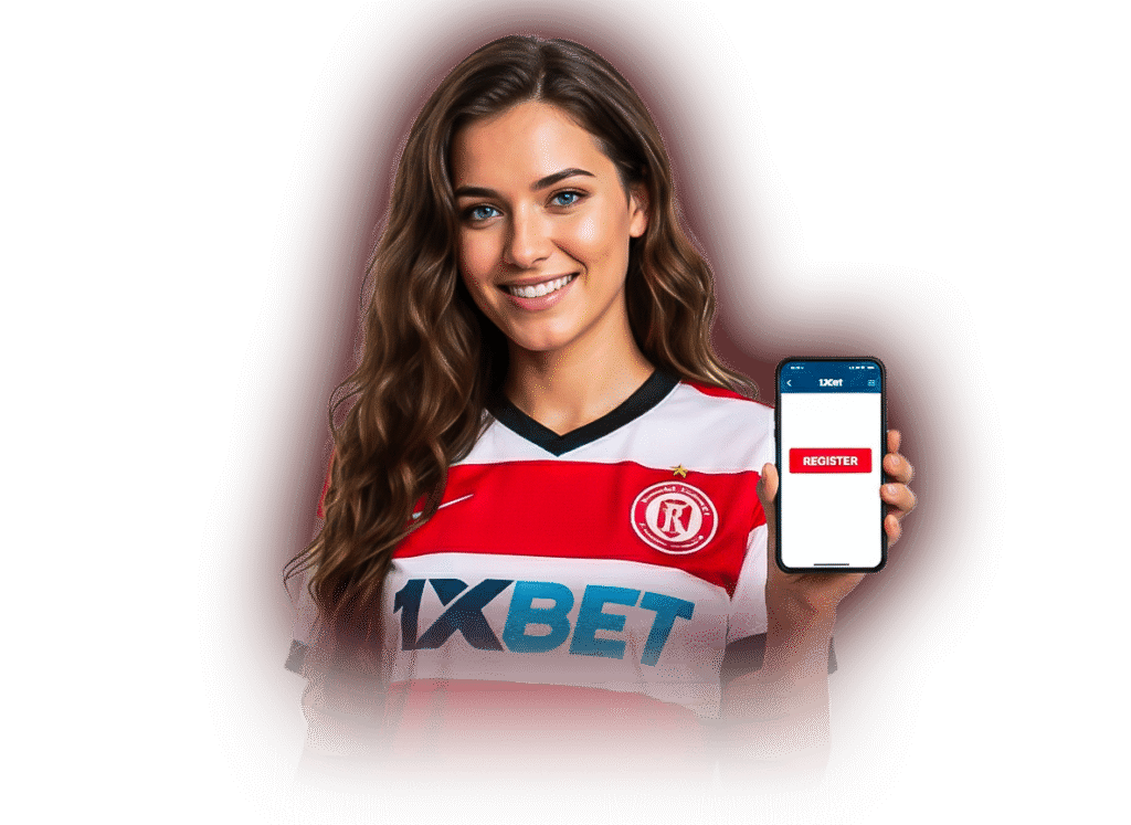 Seorang wanita yang mudah didekati dengan jersey 1xBet tersenyum sambil menunjuk ikon 'daftar' di layar smartphone, melambangkan proses pendaftaran yang sederhana.