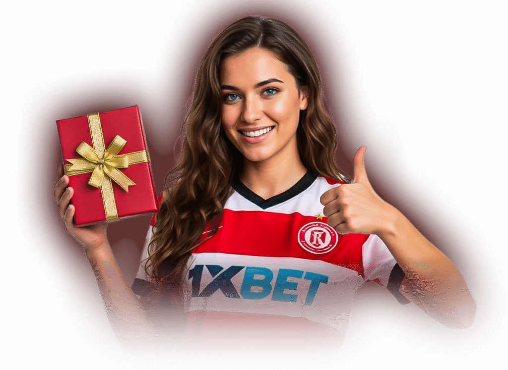 Seorang wanita bahagia dengan jersey 1xBet memberikan acungan jempol sambil memegang kotak hadiah, melambangkan promosi dan bonus eksklusif untuk pemain.
