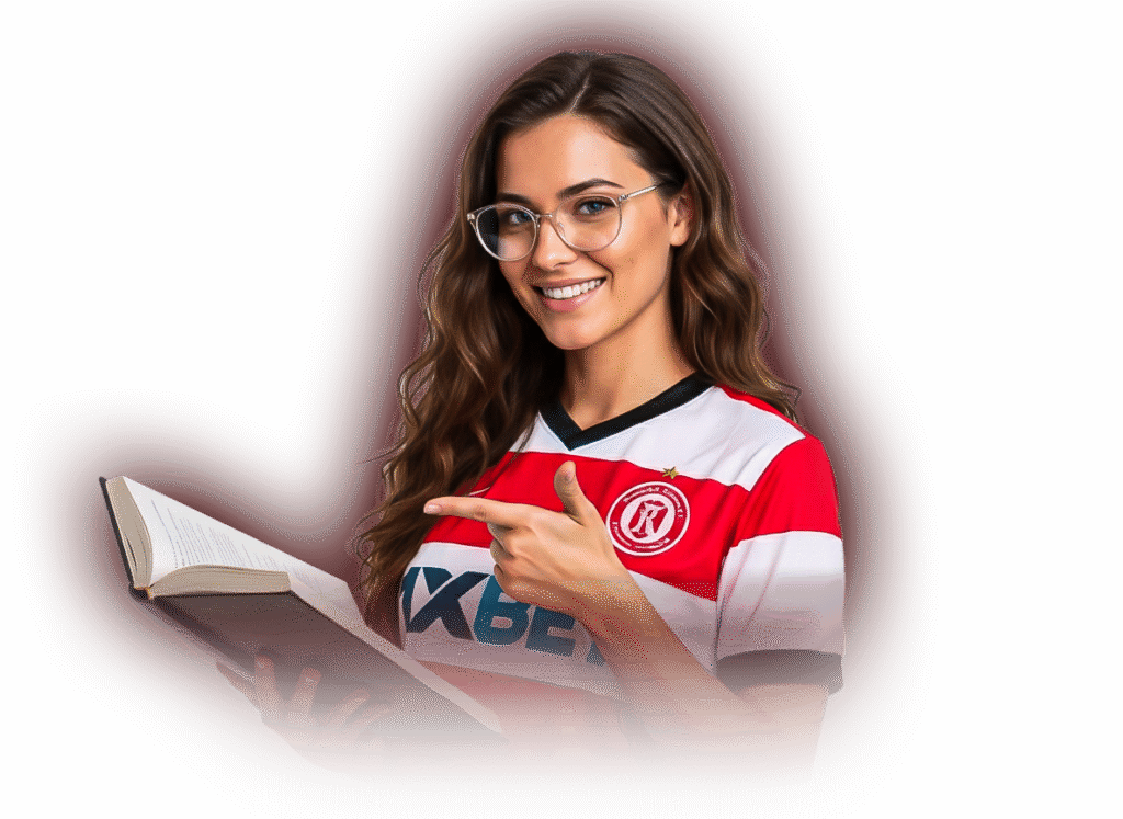 Seorang wanita percaya diri dengan jersey 1xBet tersenyum dan memberikan isyarat ramah, melambangkan panduan ahli dan tips taruhan yang bermanfaat.