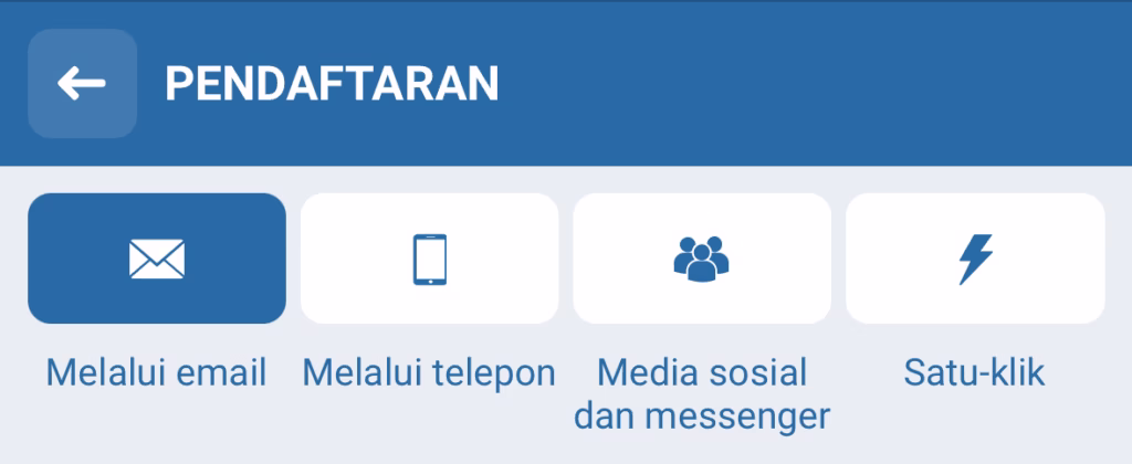 Empat pilihan metode pendaftaran akun di 1xBet: melalui email, telepon, media sosial, dan satu-klik.