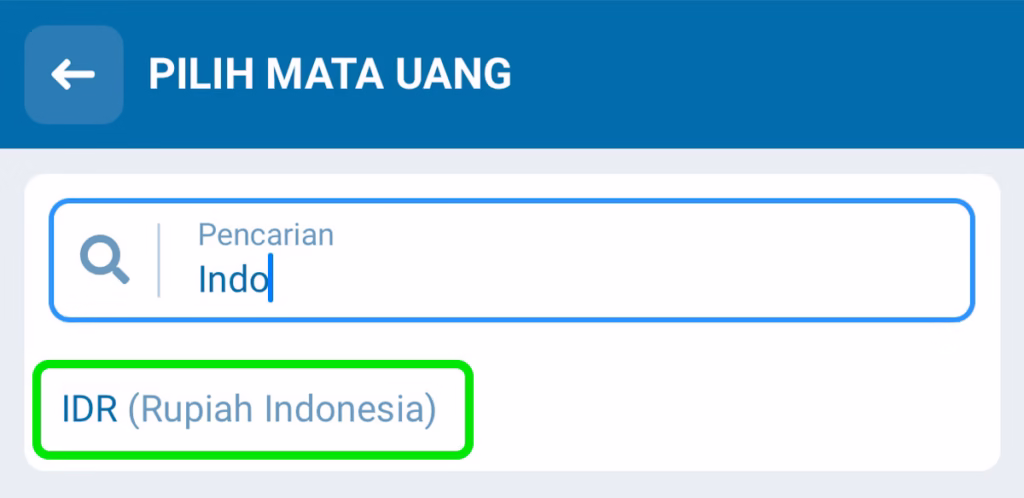 Memilih mata uang IDR atau Rupiah Indonesia saat melakukan pendaftaran akun baru 1xBet.