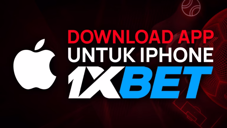 Thumbnail panduan download aplikasi 1xBet untuk iPhone, dengan logo Apple.