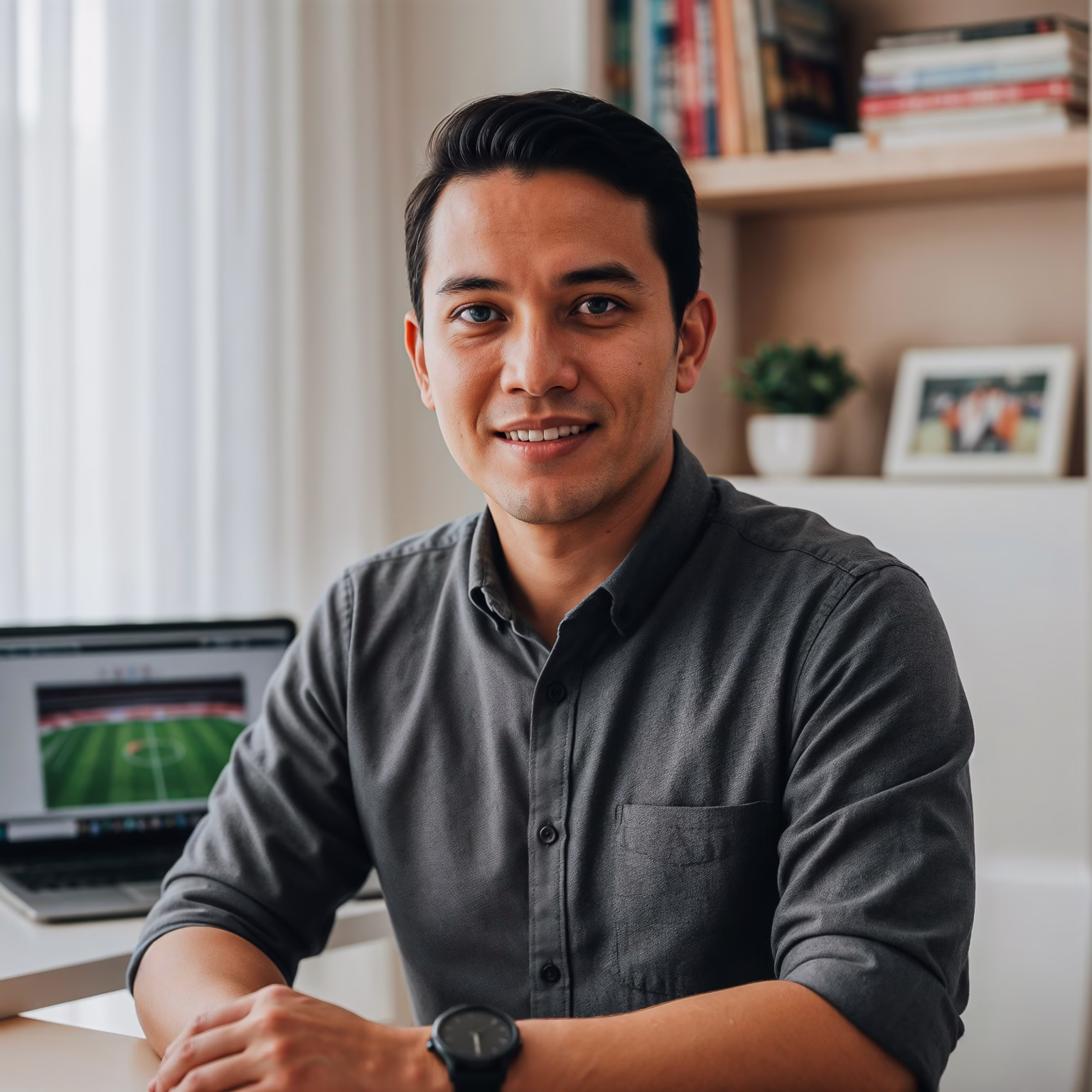 Foto profil Rendra Wijaya, seorang analis taruhan sepak bola Indonesia, tersenyum di depan laptopnya.