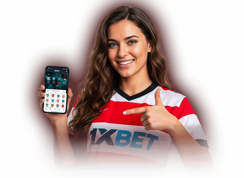 Seorang wanita ramah dengan jersey 1xBet merah-putih memegang smartphone dan menunjuk ke aplikasi taruhan olahraga di layar.