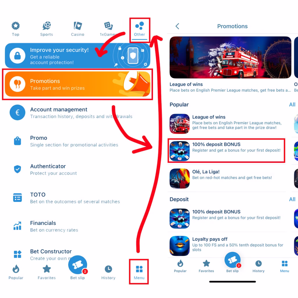 Cara Cek Promo dan Bonus 100% Deposit di Aplikasi 1xBet