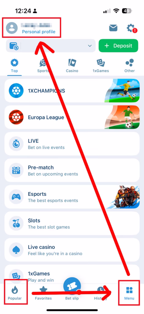 Panduan cara masuk ke menu Profil Pribadi di aplikasi 1xBet untuk memulai proses verifikasi akun.
