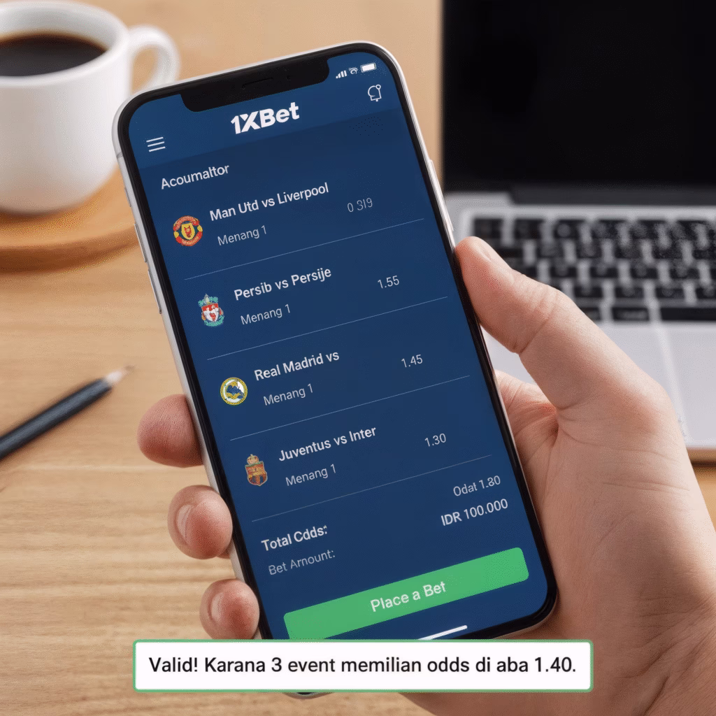 Contoh kupon taruhan accumulator di 1xBet yang valid untuk bonus, menunjukkan 3+ pilihan taruhan dengan odds masing-masing di atas 1.40.