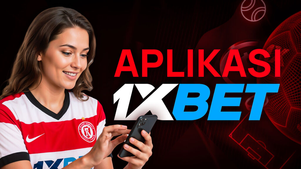 Thumbnail aplikasi mobile 1xBet yang menunjukkan seorang wanita sedang tersenyum sambil menggunakan smartphone.