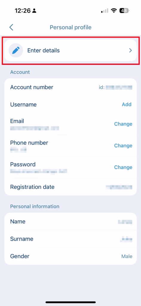 Halaman Profil Pribadi 1xBet dengan sorotan pada tombol 'Enter details' untuk mengisi data verifikasi.